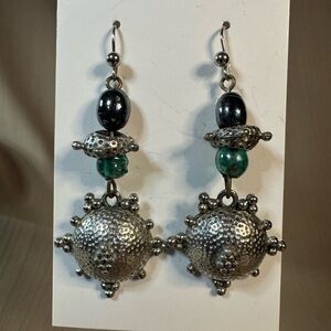 Elegant Hand Crafted Artisan Silver and Green Dangle Earrings